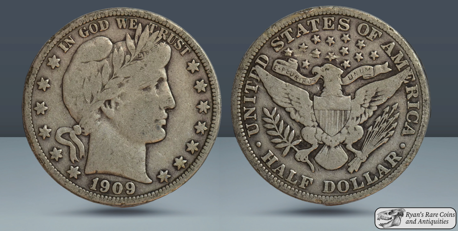 1909 Barber Half Dollar, Fine+ Condition, Silver, Free Shipping in USA, C7280