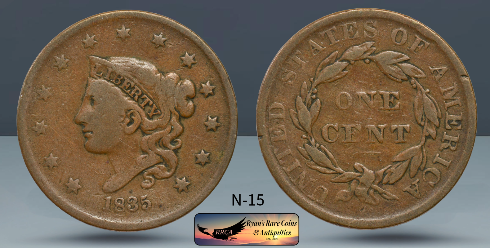 1835 Coronet Head Large Cent, N-15, Head of 36, Young Head, Fine Condition C8278