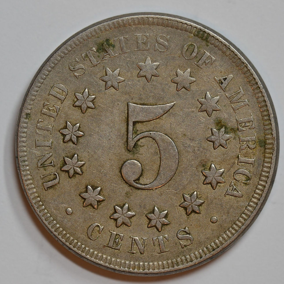 Thumbnail: 1867 No Rays, Shield Nickel, Extremely Fine Details, Obverse Stain, C7635