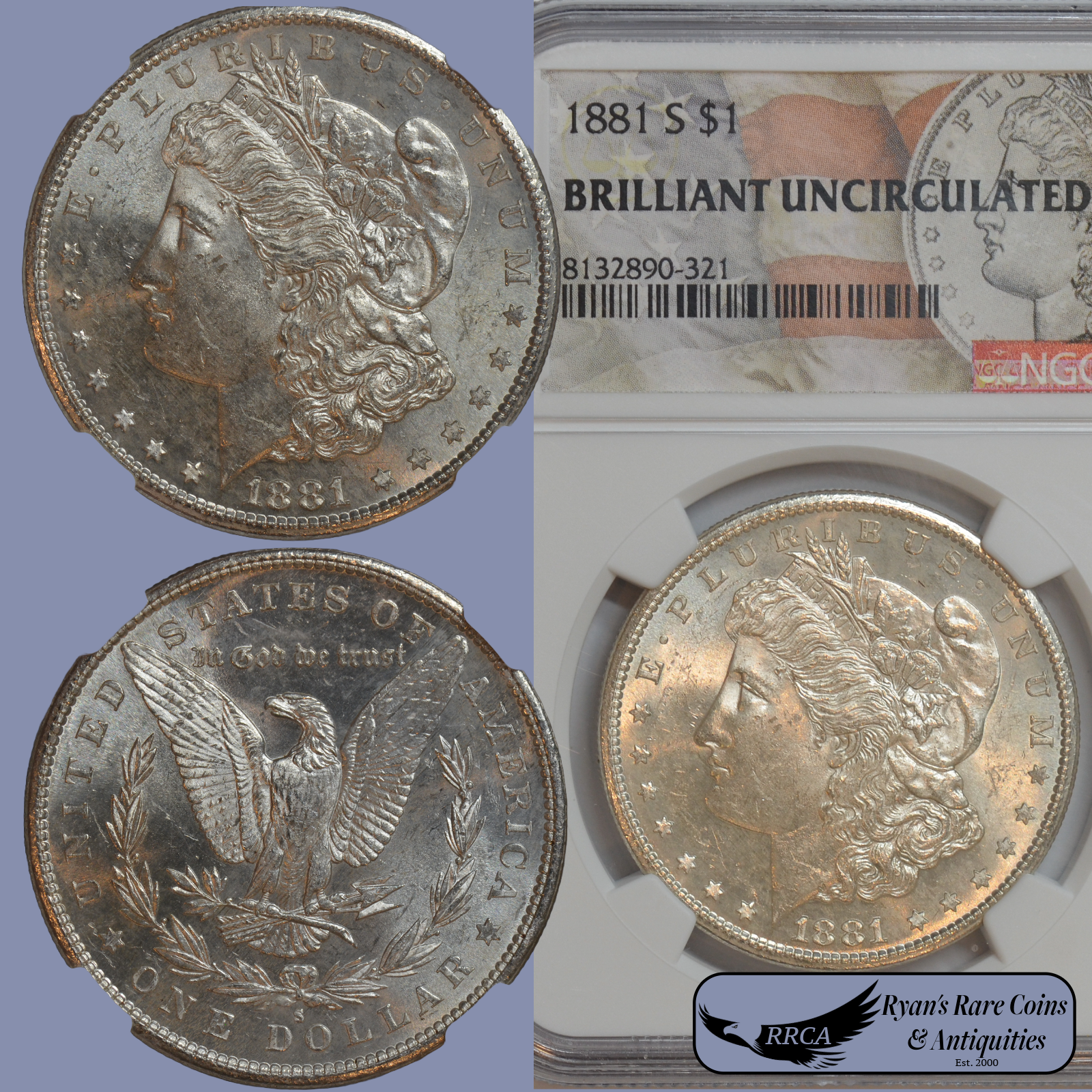 1881 S Morgan Silver Dollar, NGC Brilliant Uncirculated, Semi-Prooflike, C8172