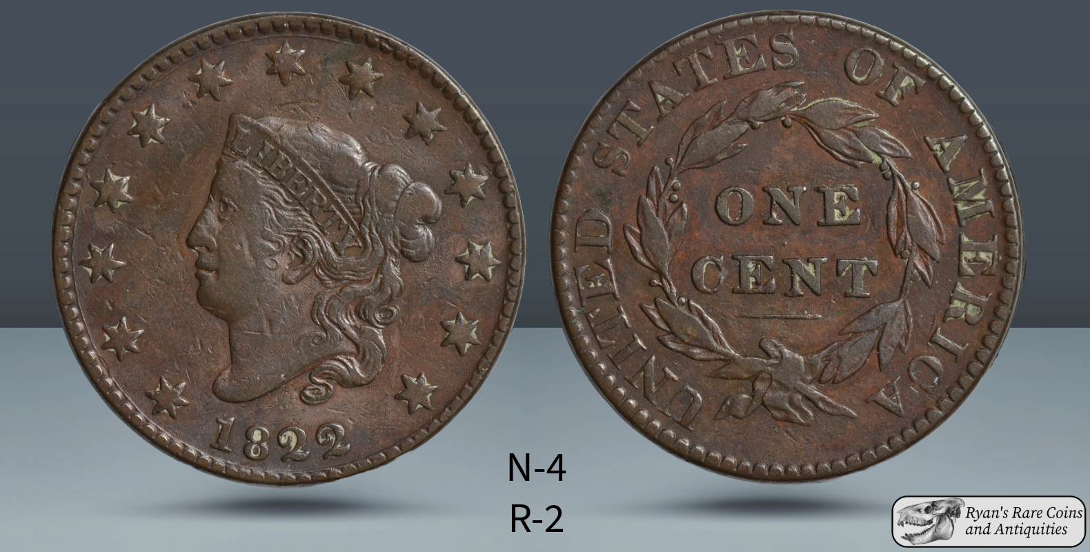 1822 Coronet Head Large Cent, N-4, R-2, Very Fine+ Condition, Free Ship, C7481