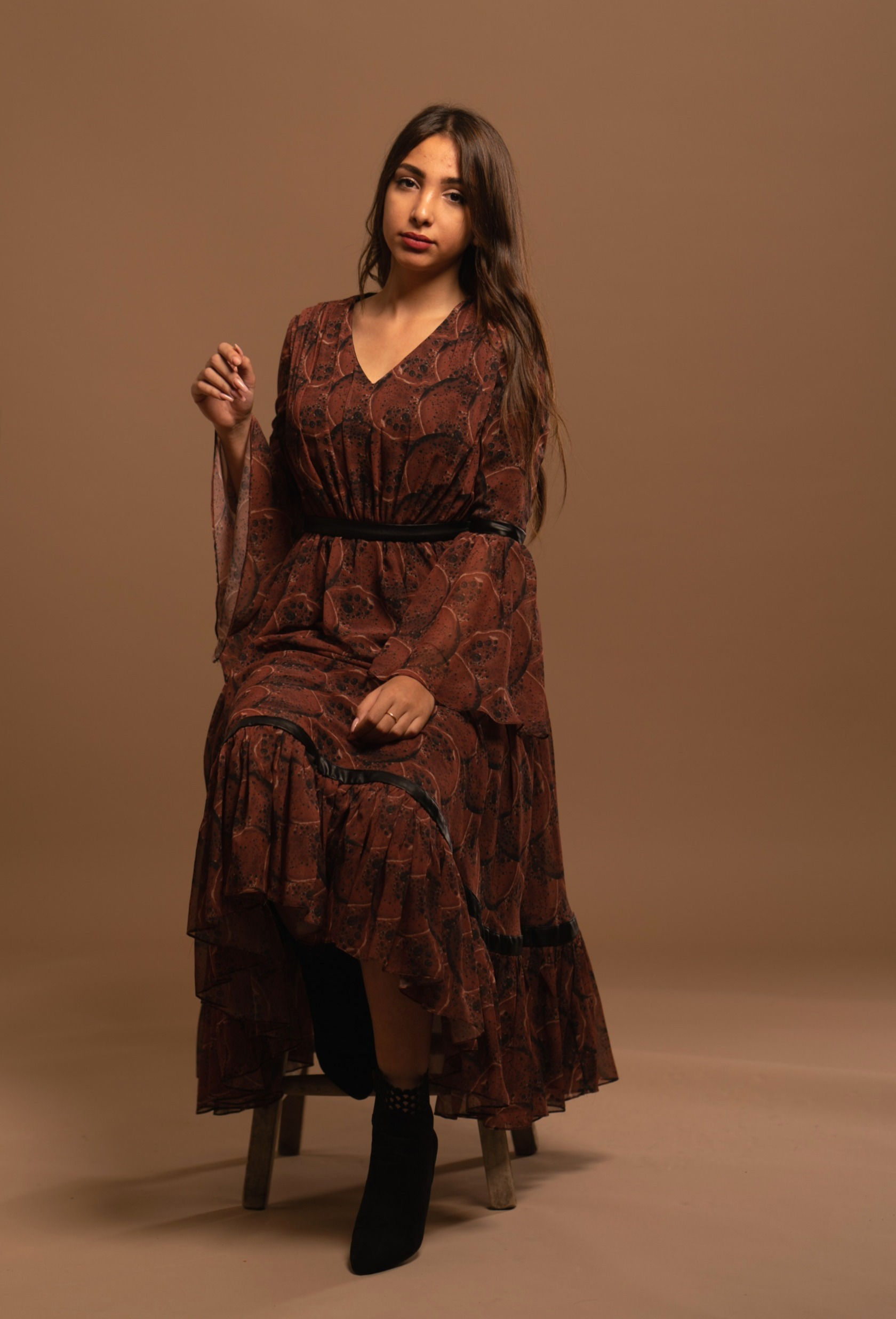 Coffee Print Chiffon Dress 