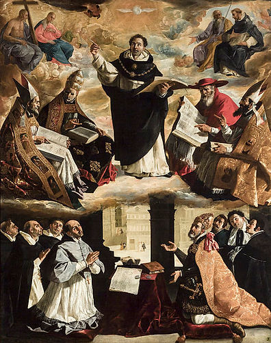 프란시스코 데 주바란, 토마스 아퀴나스의 신격화(Apoteosis de Santo Tomás de Aquino, 1631): 성경의 영감을 받은 토마스 아퀴나스가 교회의 교사로 가르치고 있다. 