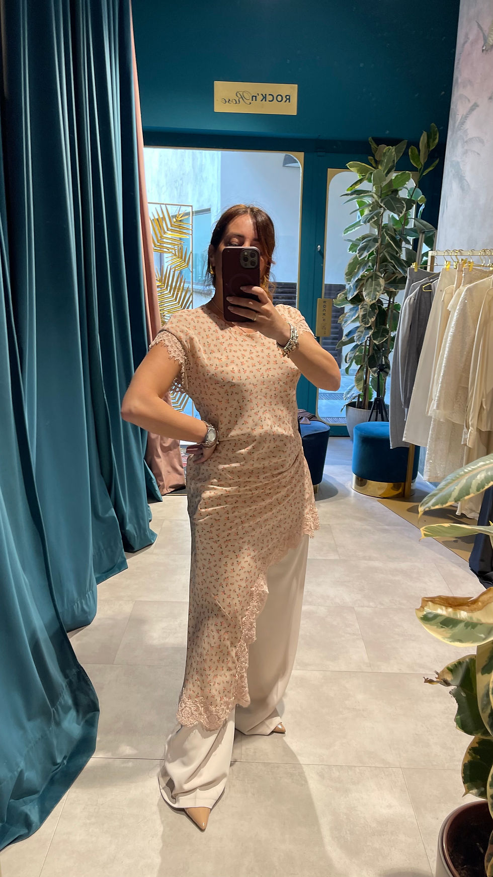 Miniatura: Abito- maglia asimmetrica mezza manica con stampa fiorellino e pizzo 