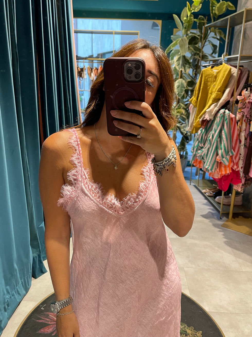 Miniatura: Abito 100% lino con bordo in pizzo 