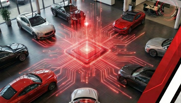 Cars are displayed in a showroom with a glowing red digital circuit pattern on the floor. The scene is futuristic and vibrant.