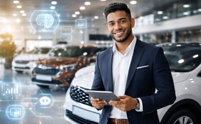 Smiling man in a suit holding a tablet in a car showroom. Cars visible in the background. Digital icons and graphics overlay the scene.
