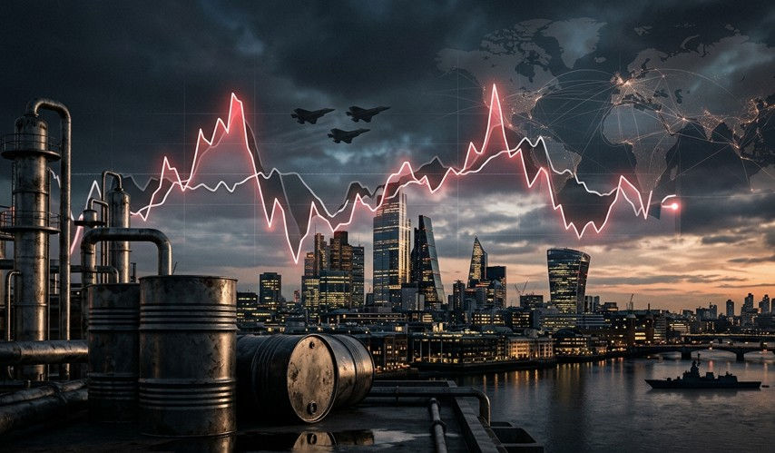 City skyline at dusk with skyscrapers and factories, red graph lines over sky. Silhouettes of jets flying, world map in cloudy background.