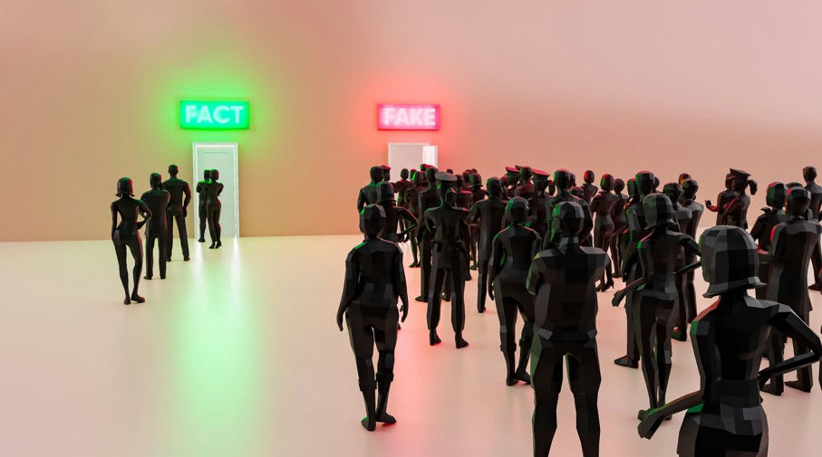 Crowd of dark figures faces glowing FACT and FAKE doors in a bare room, with green and red light suggesting choice or confusion