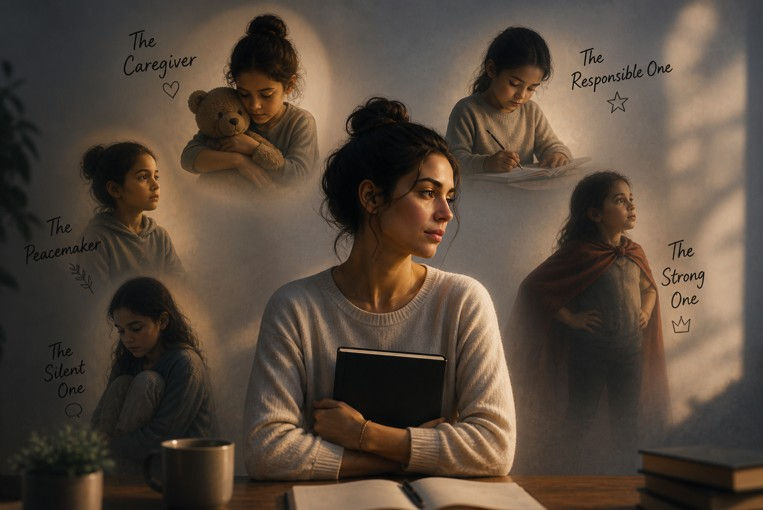 Woman holding a book reflects on childhood roles: Caregiver, Responsible One, Strong One, Peacemaker, Silent One. Warm tones, thoughtful mood.