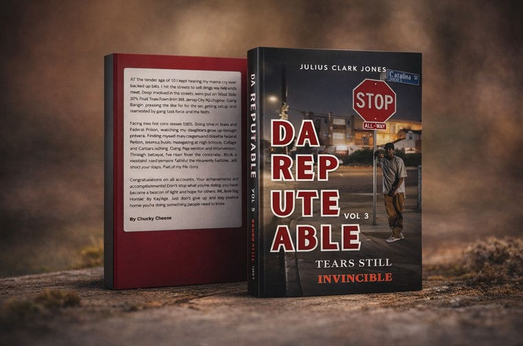 Two copies of a book, front and back cover, on a rustic surface; dark street scene with stop sign and title Da Reputable Vol. 3.