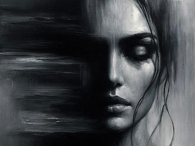 A monochrome portrait with a woman's serene face, closed eyes, and flowing hair blending into abstract, blurred strokes on the left.