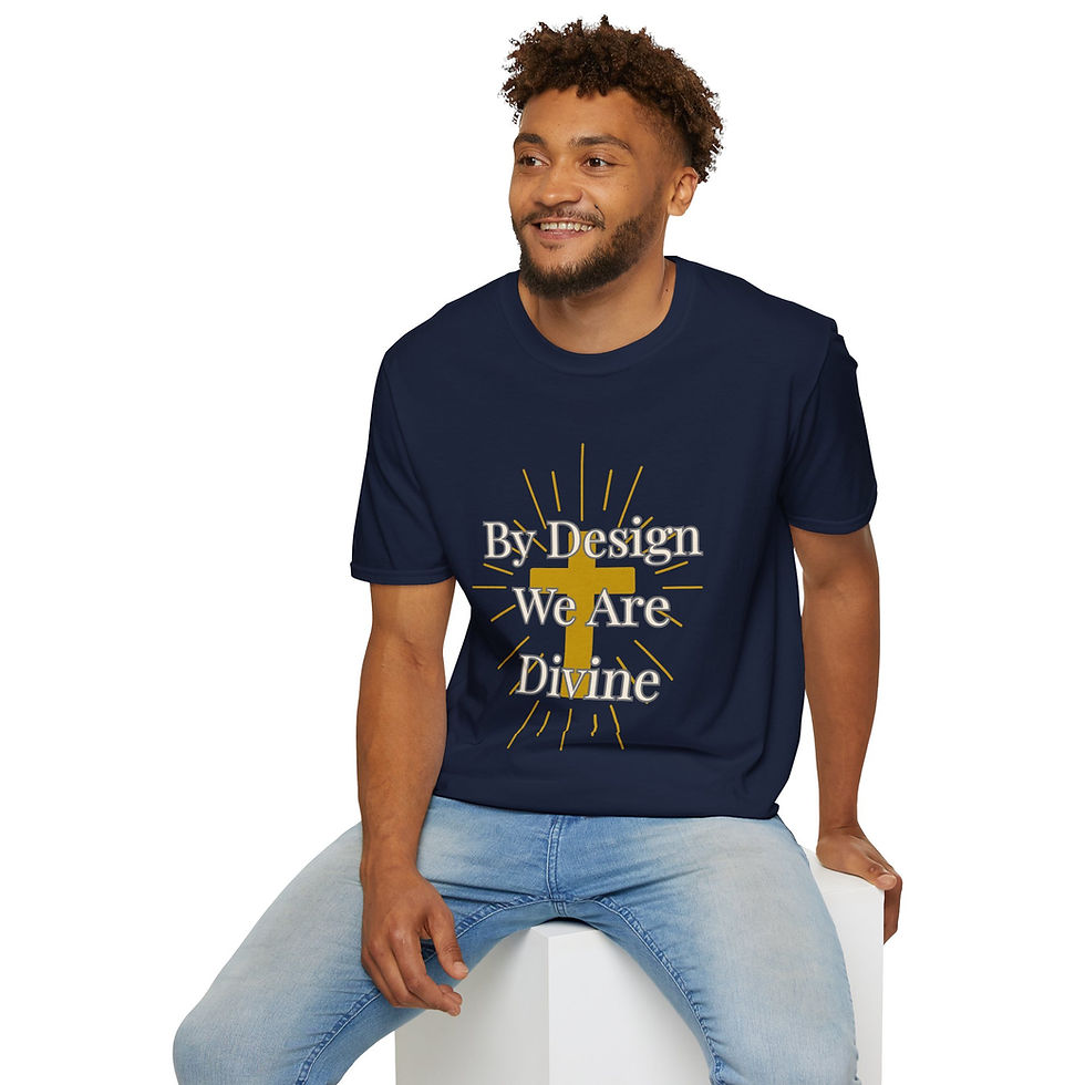 “By Design We Are Divine” Marian tee shirt with the message printed in multiple languages.