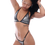 Thumbnail: Silver Seduction swimsuit with MLC logo, rhinestones, and black borders