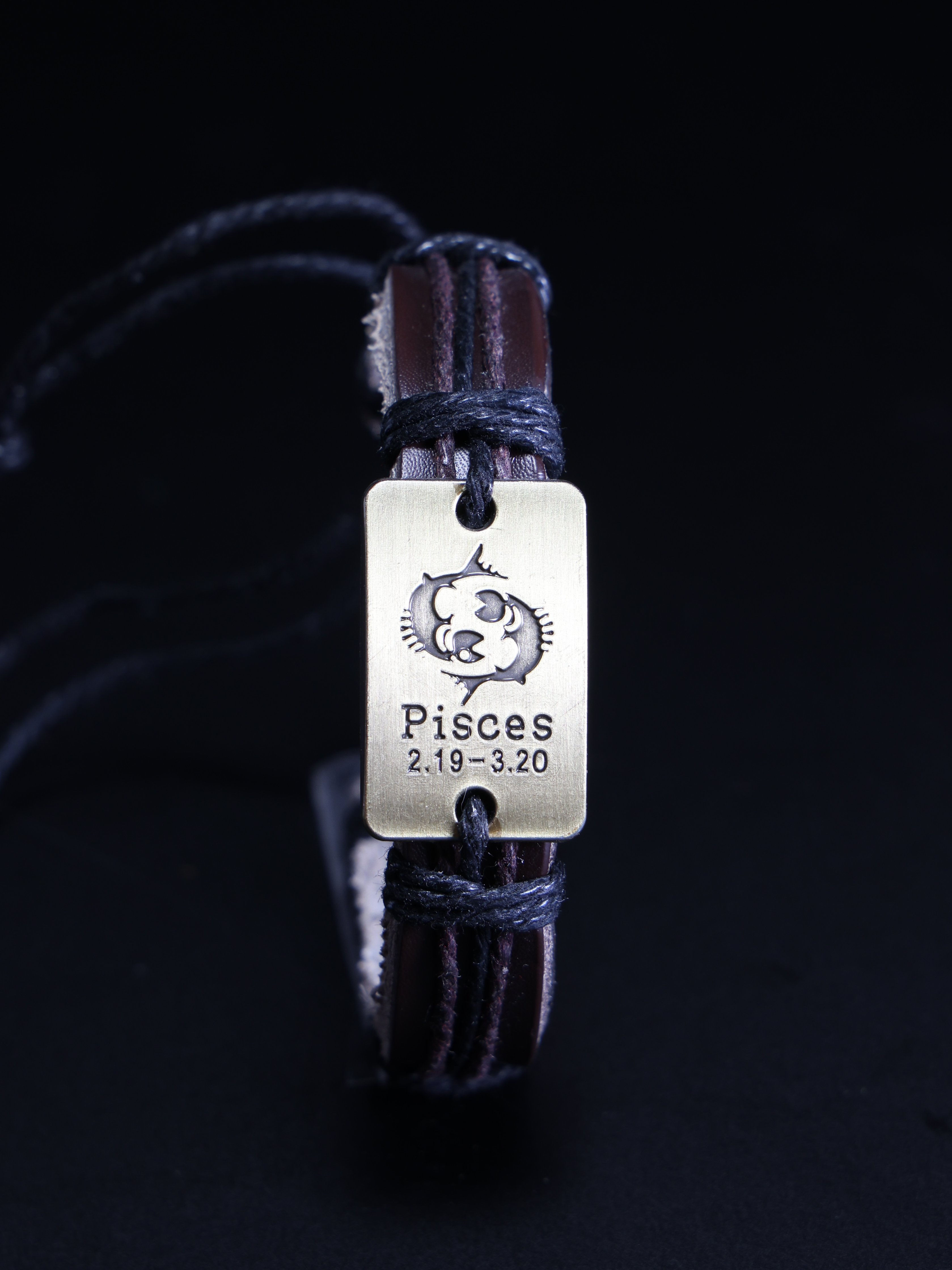 Pisces Zodiac Sign Leather Bracelet, Rectangle Metal Pendant
