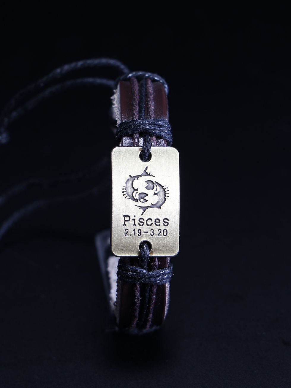 Pisces Zodiac Sign Leather Bracelet, Rectangle Metal Pendant