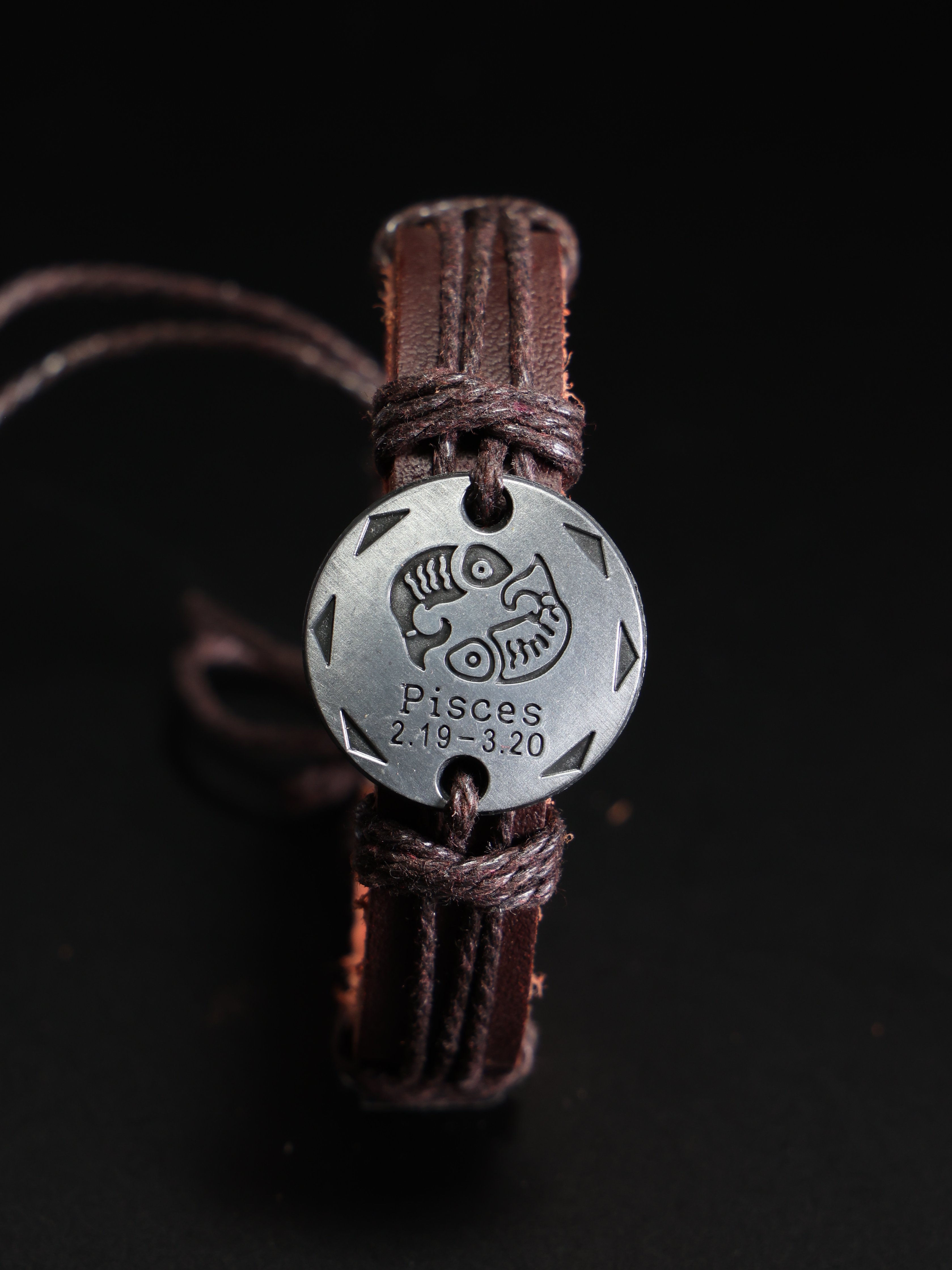 Pisces Zodiac Sign Leather Bracelet, Round Metal Pendant