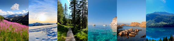 Images de paysages naturels évoquant le calme, la détente et l'immersion sensorielle, en lien avec la relaxation immersive®.