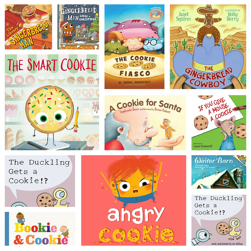 Collage of colorful children's book covers about cookies and gingerbread men, featuring various playful characters and titles depicting cookies.