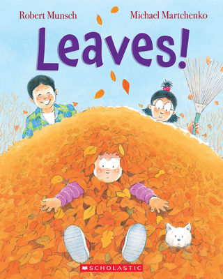 Three children play in a pile of orange leaves; two stand, one is buried except for the face. A white cat watches. "Leaves!" text above.