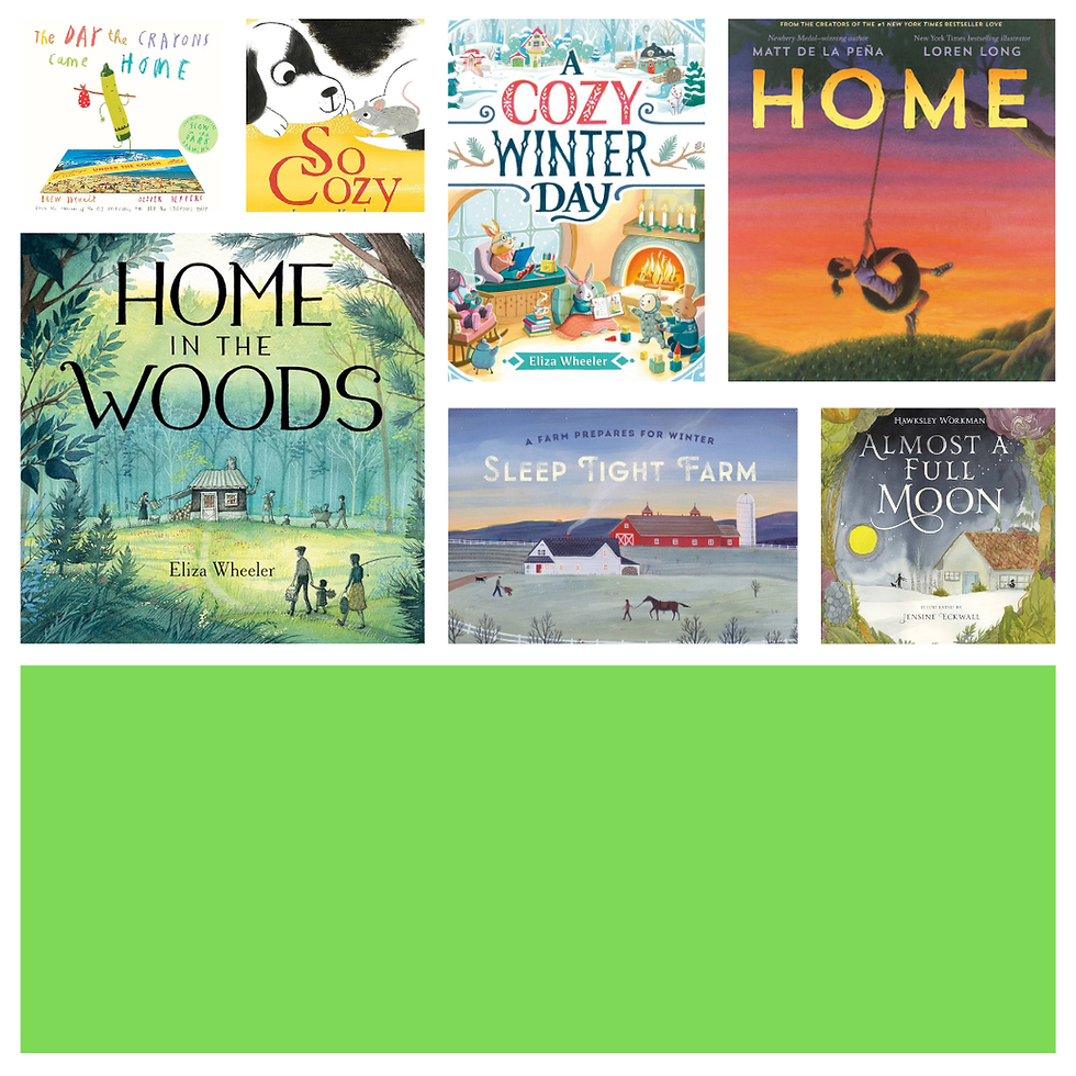 Collage of book covers with themes of coziness, home, and winter. Includes illustrations of animals, houses, and rustic settings. Various book titles visible.