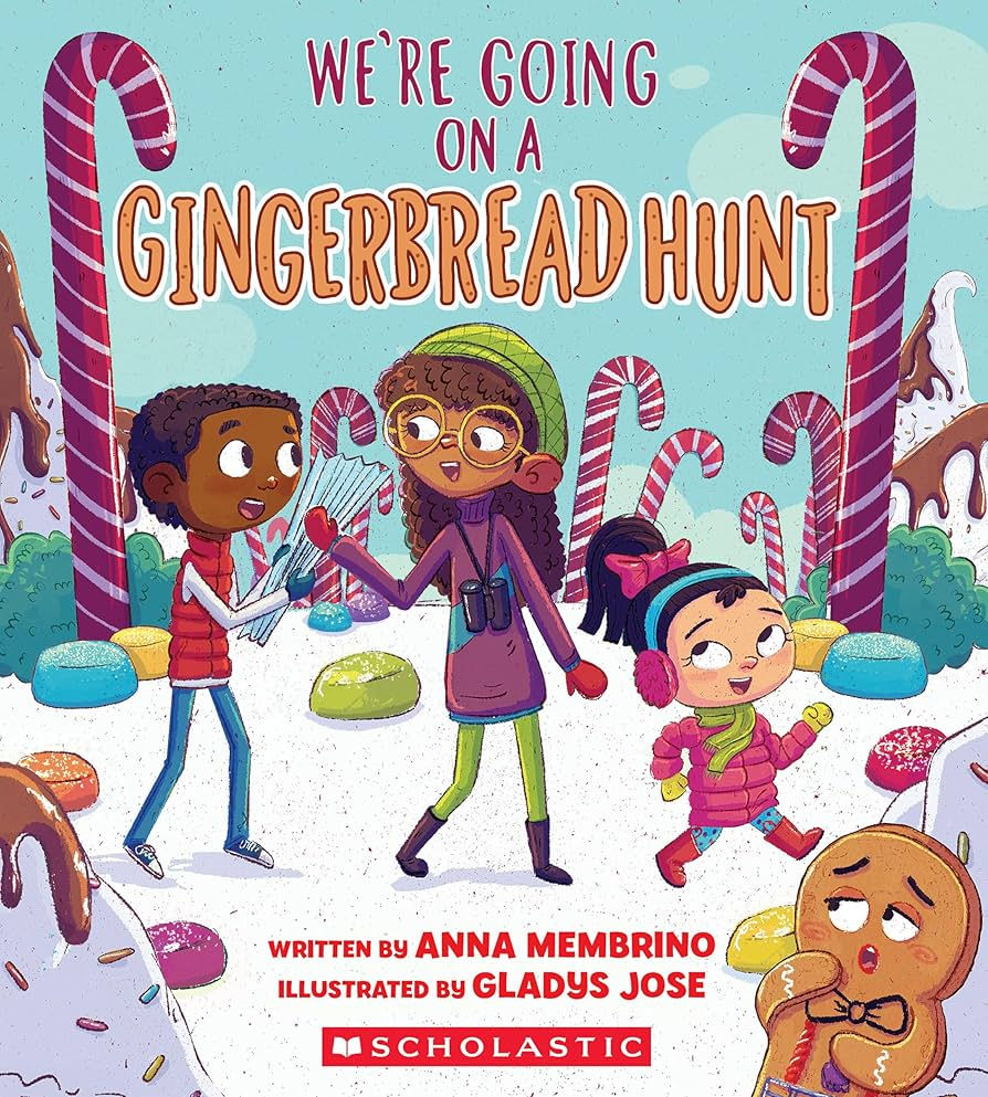 Kids on a gingerbread hunt with candy canes in a snowy, colorful setting. Title text and authors’ names are visible. Playful mood.