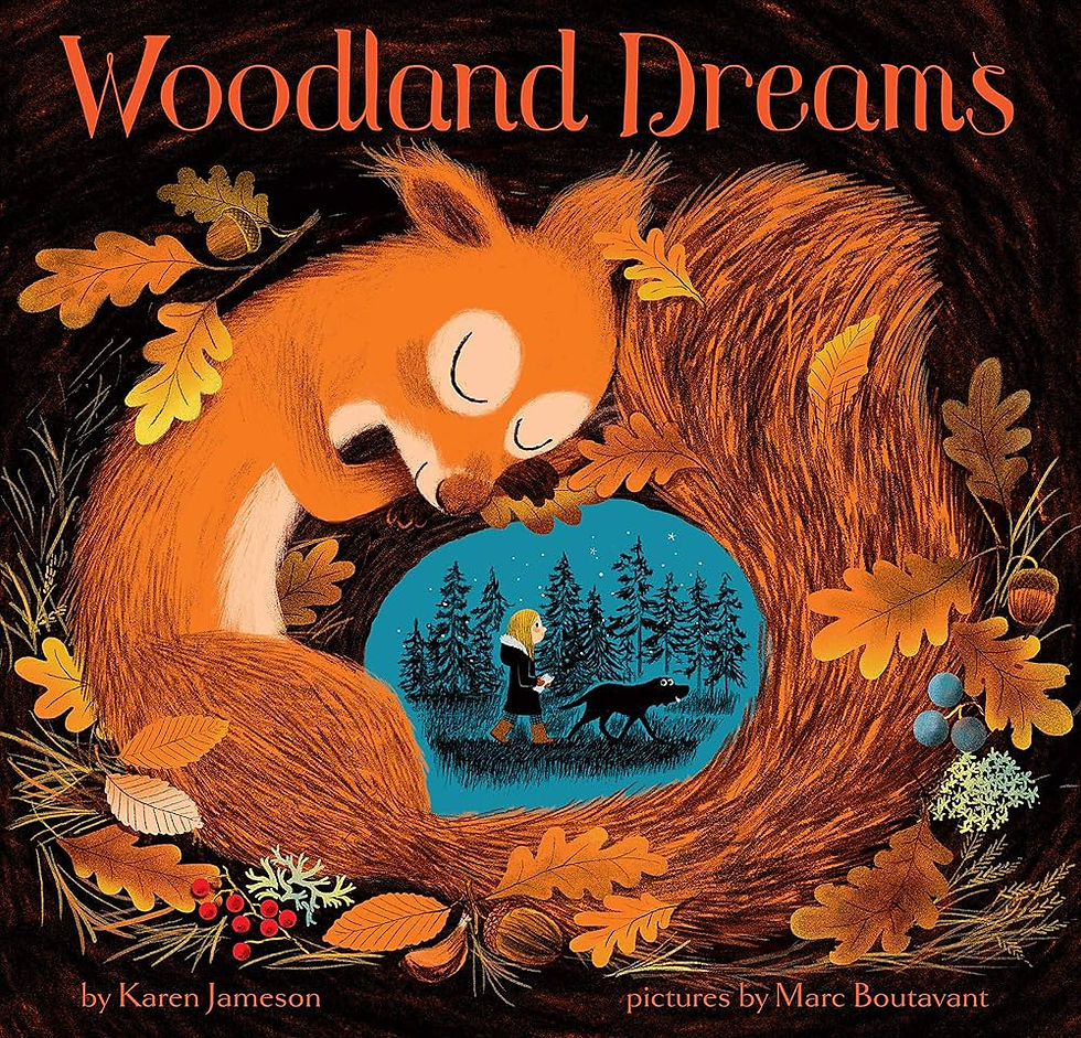 Orange fox sleeping, curled around a blue scene of a person and dog walking in a starry forest. Text: Woodland Dreams. Warm, dreamy mood.