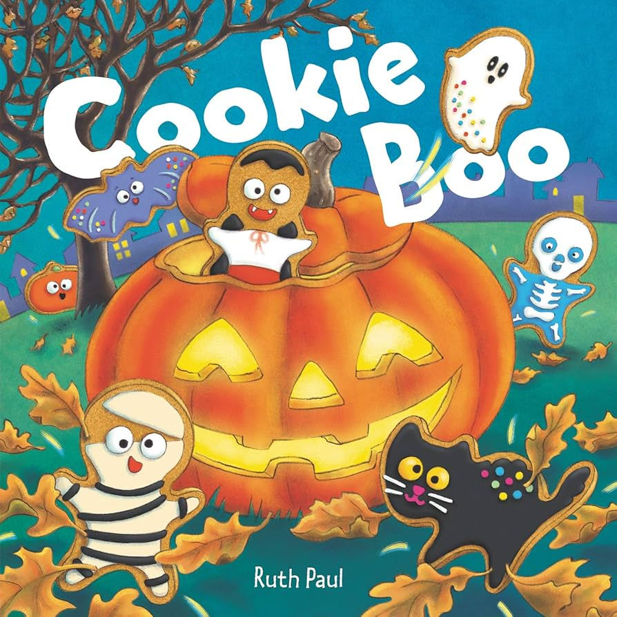 Animated cookies in Halloween costumes, a black cat, and jack-o'-lantern amidst autumn leaves. Bright colors, "Cookie Boo" text at top.