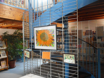 exposition des tableaux d'Oréalys Révayia à la médiathèque de Saint Gervais d'Auvergne sur des grilles