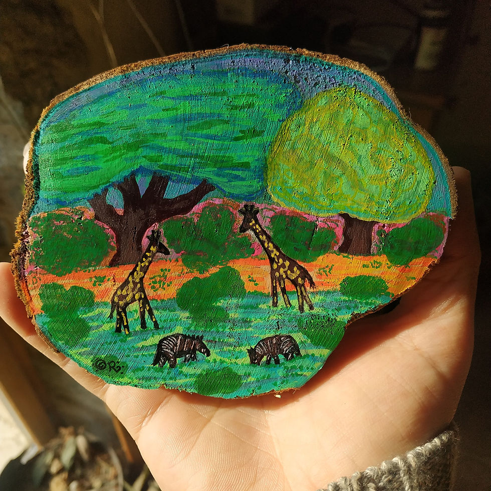 Miniature : peinture de 2 girafes et 2 zèbres dans une savane très colorée, tranche de bois par Oréalys Révayia