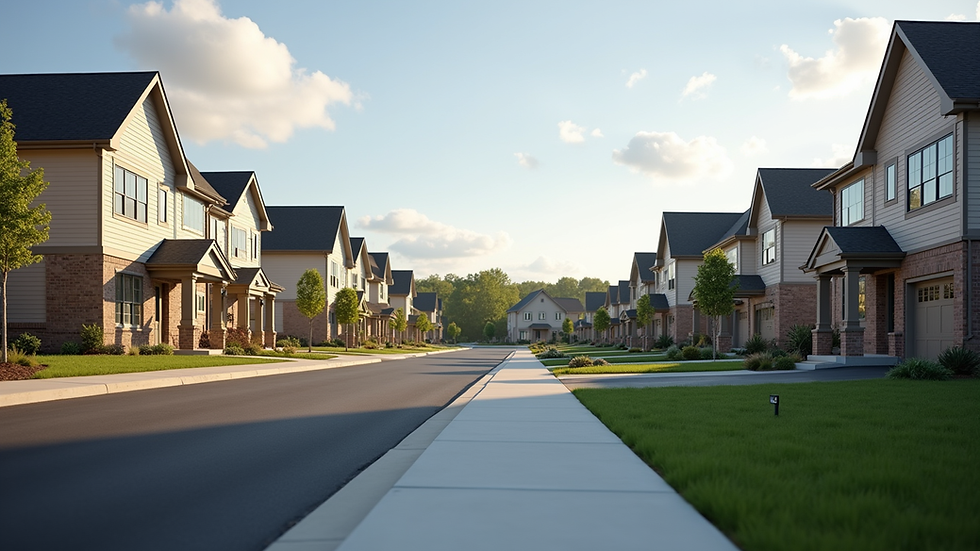 Eye-level view of a modern Louisville neighborhood with new homes