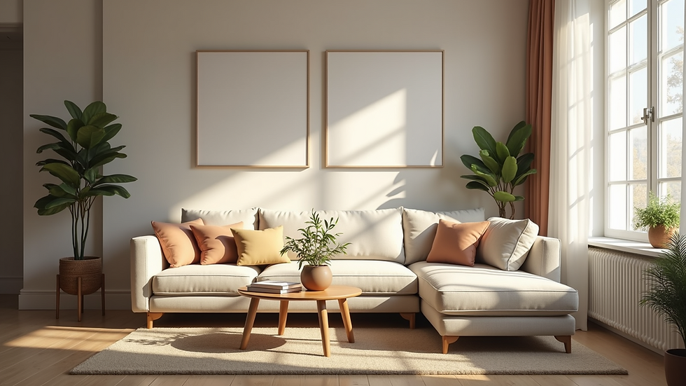 Eye-level view of a beautifully staged living room with natural light