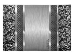 Top 10! Black & Metallic Silver Brushed Steel And Damask Cloth Placemat