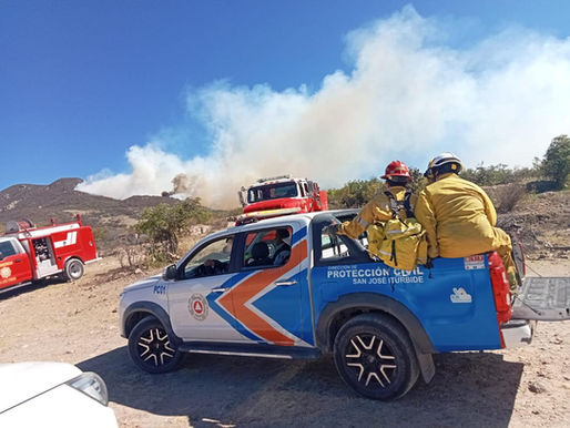 En San José de Iturbide cuerpos de emergencia atienden incendio de pastizal en zona cerril de la Cabecera Municipal