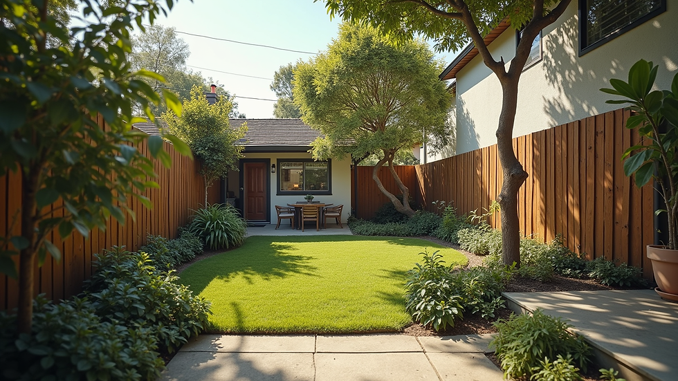 Eye-level view of a residential backyard with space for home addition