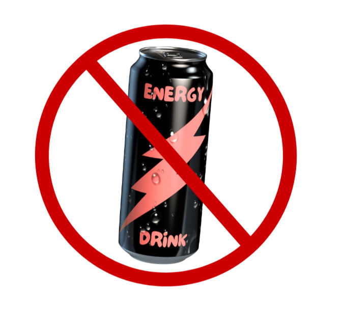 Black energy drink can with pink text and lightning bolt, crossed out by a red circle, symbolizing prohibition against consuming it.