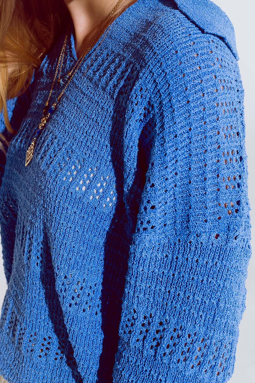 Thumbnail: Crochet Knitted Jumper in V-Neck With Polo Collar in Blue