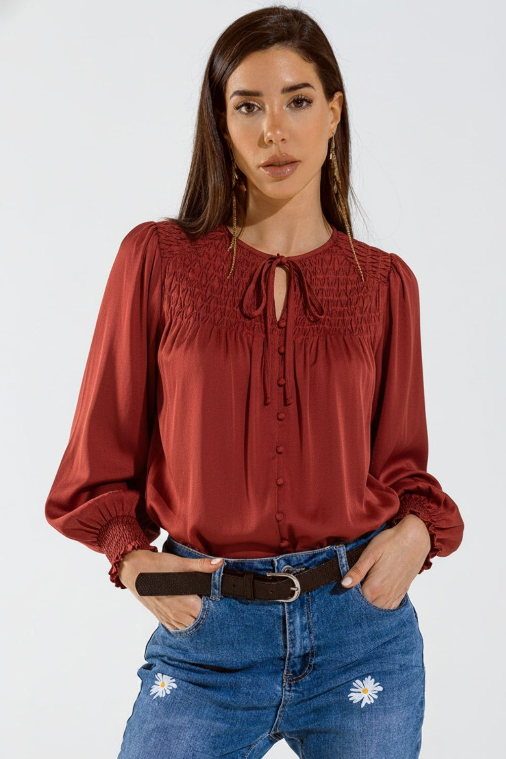 Chic Red Satin Shirt With Lace