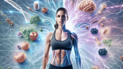 Fiatal nő sportfelszerelésben, háttérben egészségügyi szimbólumok: DNS, agy, zöldségek. Színes, energetikus hangulatú kép.