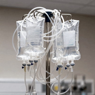 Infúziós állványon több átlátszó tasak kórházi környezetben, steril csövekkel. Klinikai, steril és hűvös hangulat.