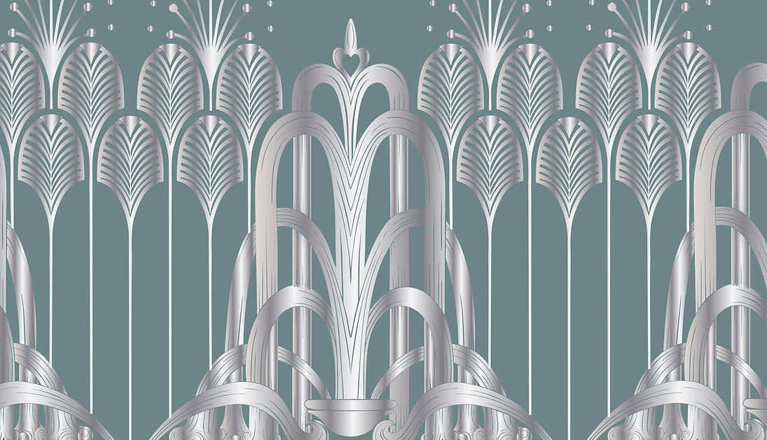 Historically referenced, classic Art Deco mural featuring stylized fountains and papyrus in metallic. From the Halcyon Series by Penshaw Hill. 