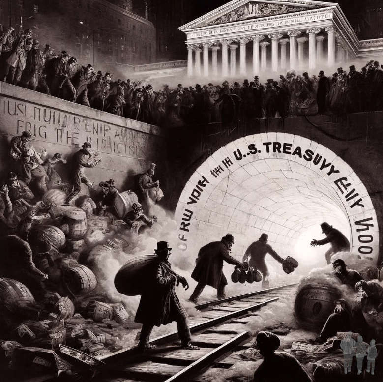 AI image of the 1905 Berliner Tageblatt April Fools' article of burglars digging under the U.S. Treasury and robbing it
