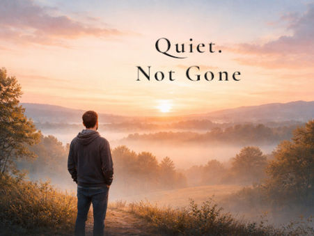 Guiding Teenagers cover image for Quiet. Not Gone, showing a reflective figure at sunrise and symbolizing mental health, healing, and moving forward.