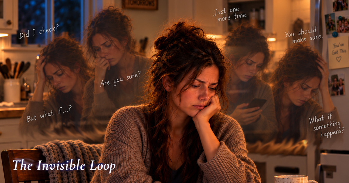 Kayla sits at her kitchen table surrounded by translucent echoes of herself and repeated questions, illustrating the exhausting cycle of OCD.