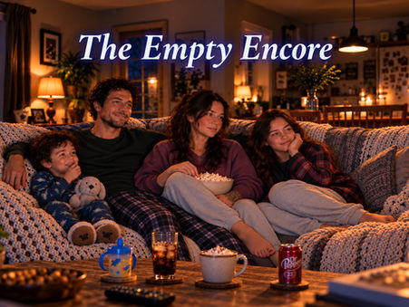 Kayla sits with her family during a cozy movie night, feeling emotionally disconnected from an experience she once loved. The Empty Encore.