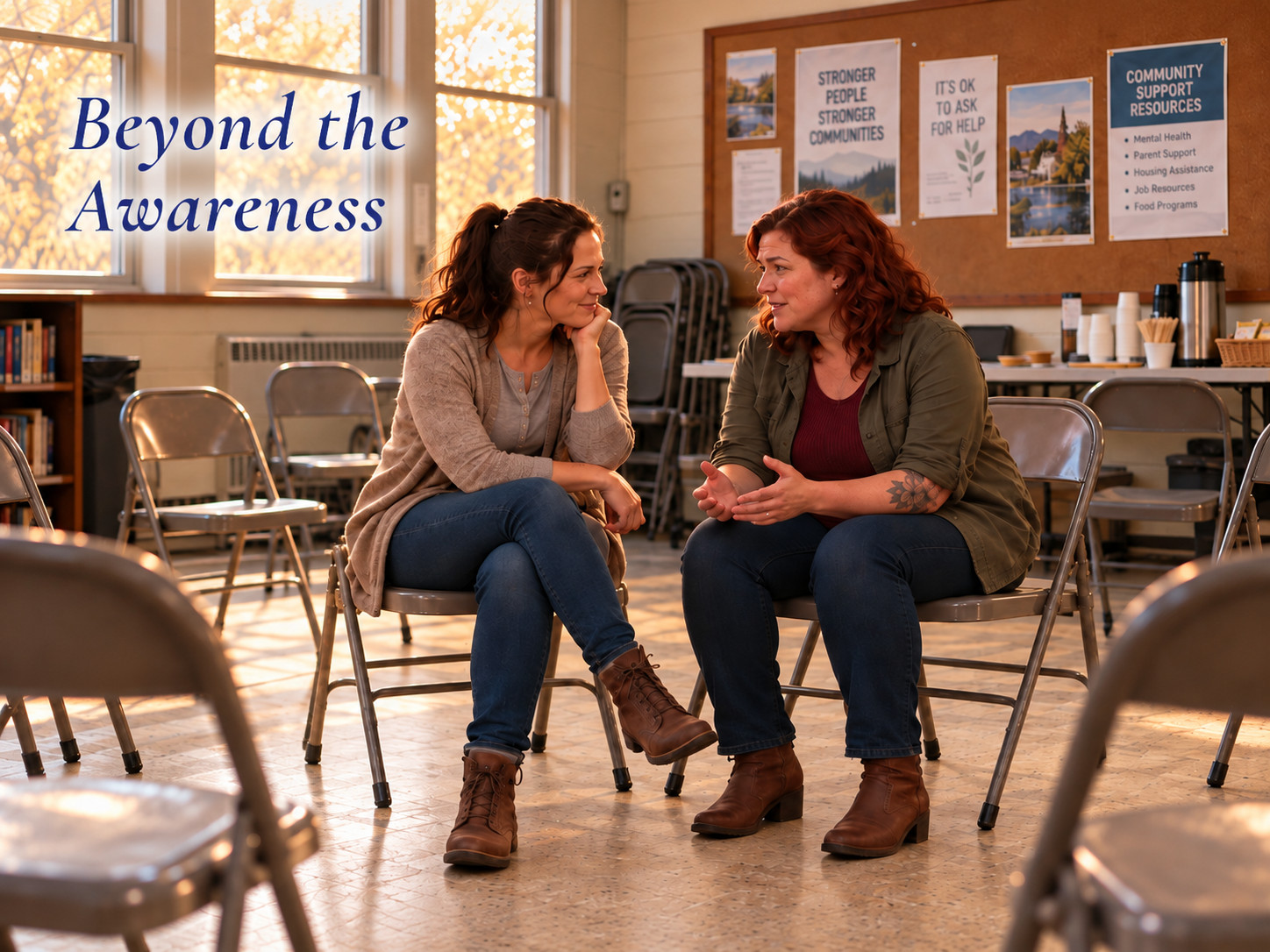 Kayla and Kelly talk after a community meeting, beneath the title Beyond the Awareness.