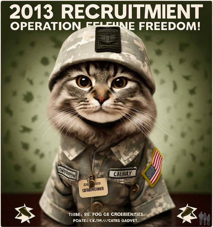 AI image of a cat dressed in an Army uniform and helmet reporting for the Army's 2013 (April Fools') recruitment