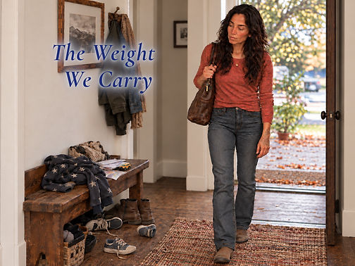 Kayla stands in her open doorway holding a worn brown bag, beneath the words ‘The Weight We Carry,’ reflecting the unseen effort of everyday life.