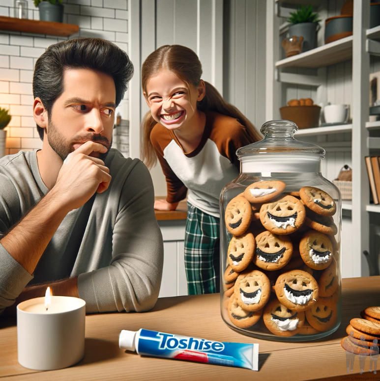 AI image of young teenage girl laughing playing a prank on her father by putting toothpaste on smiley face cookies making them look like they are brushing their teeth