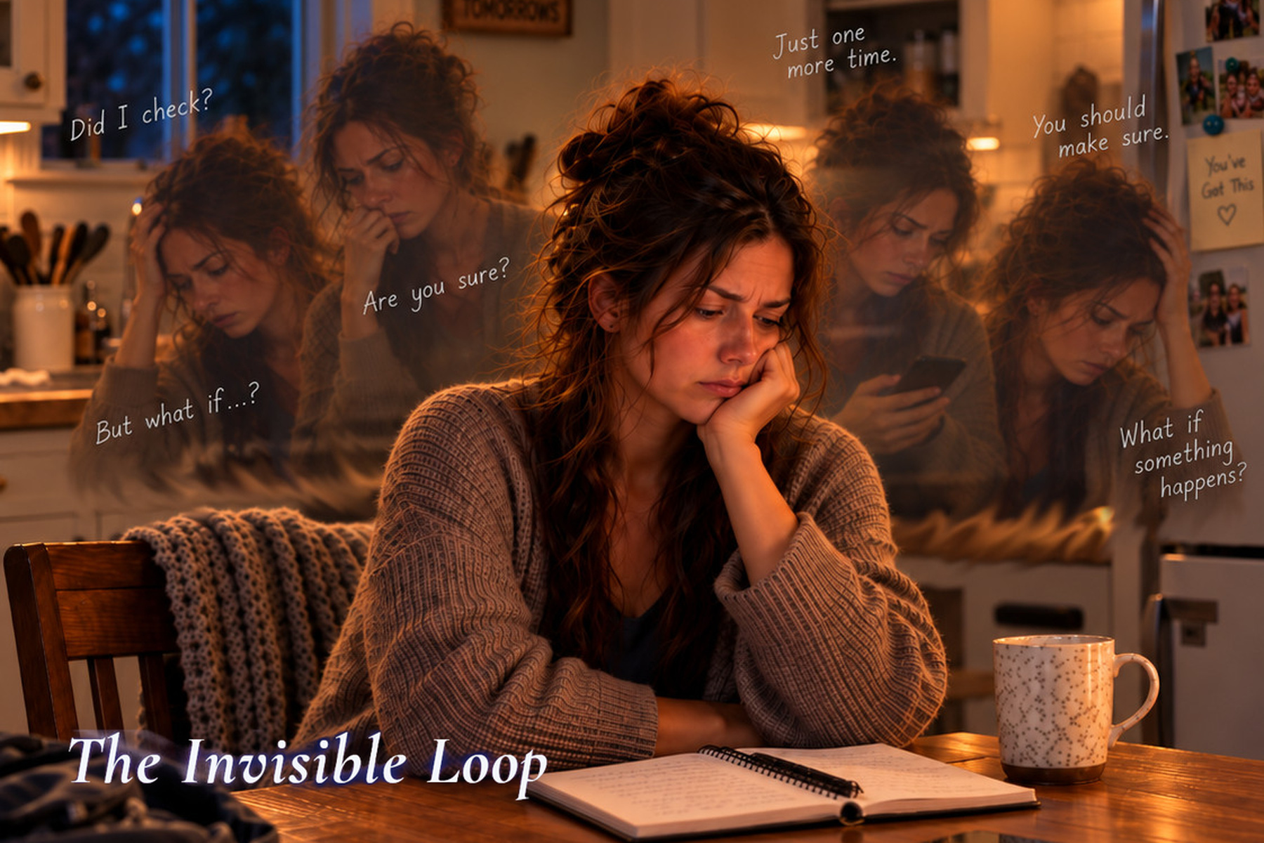 Kayla sits at her kitchen table surrounded by translucent echoes of herself and repeated questions, illustrating the exhausting cycle of OCD.